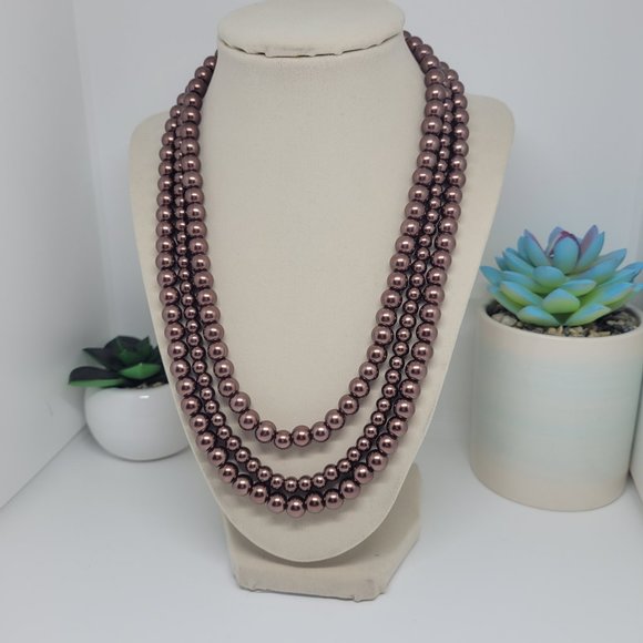 21" (3) Strand Glistening Cocoa Glass Pearl Necklace with Filigree Box Clasp - Picture 1 of 4